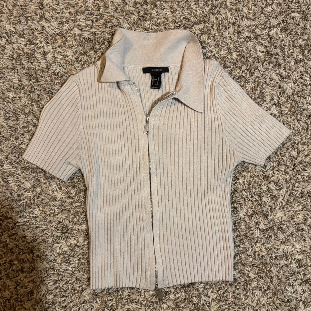 Forever 21 white ribbed zip tee